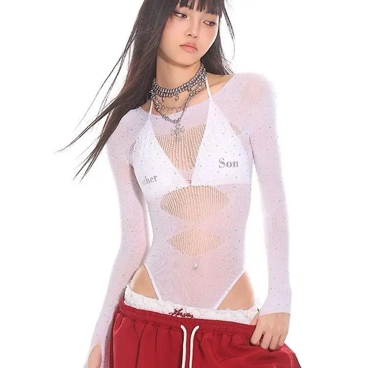 SALIENCY Sexy Hollow Out Bodysuit Bodycon Y2K Long Sleeves Fashion T Shirts Women Jazz Dance Punk Streetwear Bodysuits