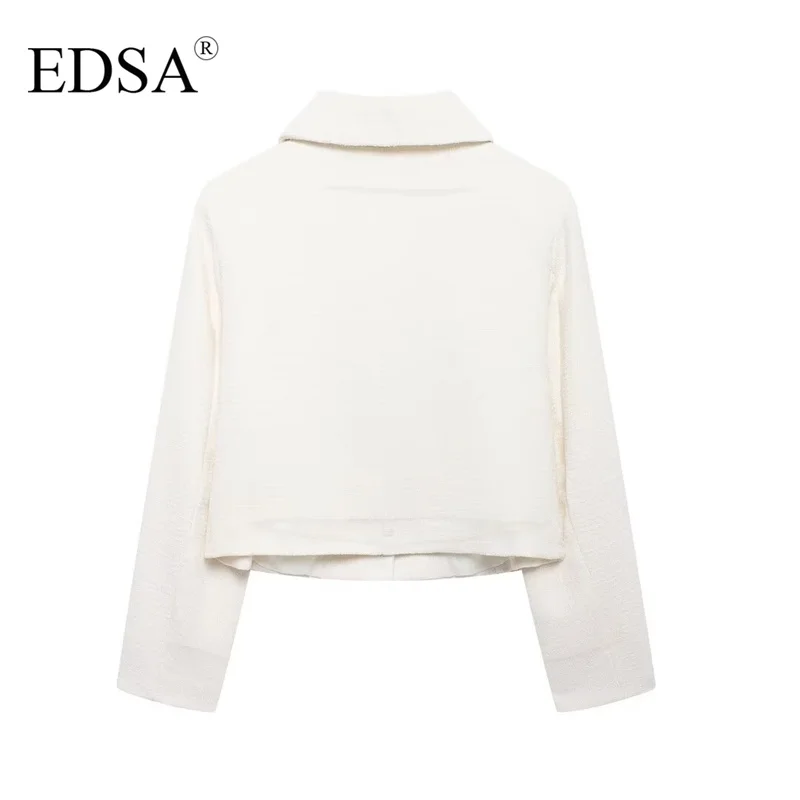 EDSA Women White Tweed Jackets with Bow Vintage Single Breasted Lapel Neck Long Sleeves Textured Coat Female Chic Lady Outfits