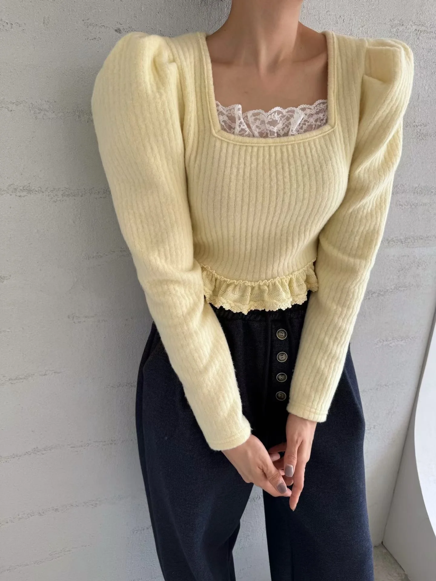 Camiseta antienvejecimiento con empalme de encaje y cuello cuadrado para mujer, Top adelgazante Faion con Base ortopédica, novedad de primavera y otoño, versátil