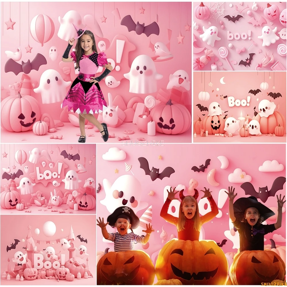 

Halloween Backdrop Pink Wall Spooky Ghost Booing Spider Web Pumpkin Baby Portrait Halloween Party Photography Background Decor