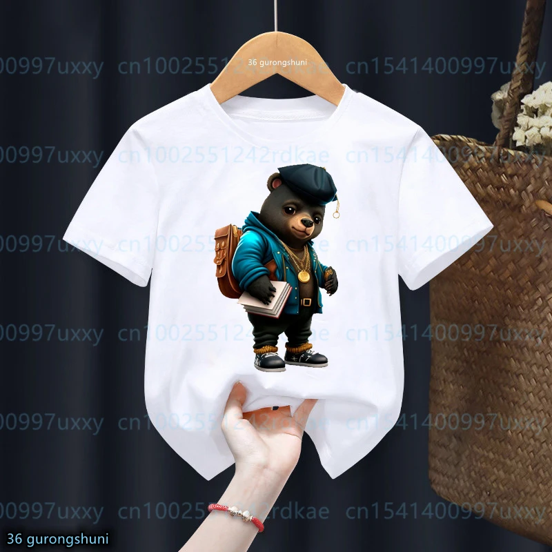 

T-Shirt For Boys/Girls Cute Brown Bears, Cats,Pugs Carrying Backpacks To School Cartoon Print Kids Tshirts Summer Boy Clothes