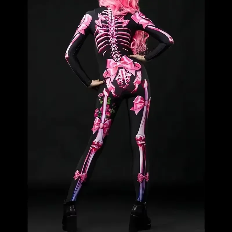 Girls Ghost Bride Costume Printed Skeleton Skeleton Women's Jumpsuit Halloween Rose Skeleton Scary Dress Up Costume Mardi Gras