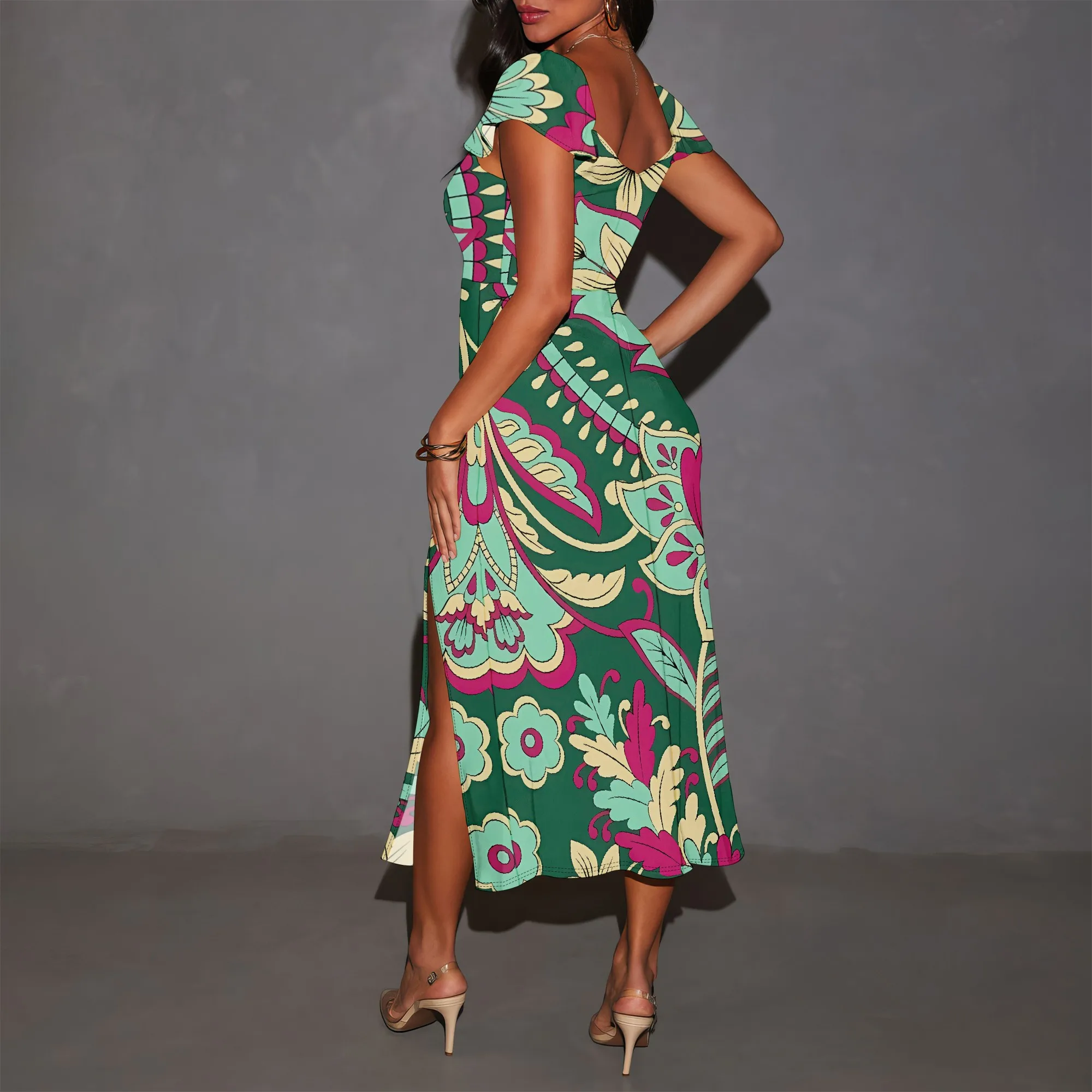 Nupusa – robe mi-longue fendue à imprimé Paisley, vert, rose, pour femmes, taille régulière, décontractée, col carré, manches courtes