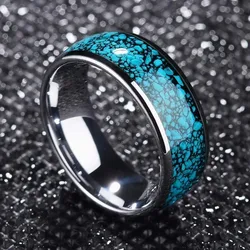 8MM Men Fashion Stainless Steel Rings Inlay Blue Faux turquoise Stone Rings For Men Women Wedding Engagement Band Jewelry Gift