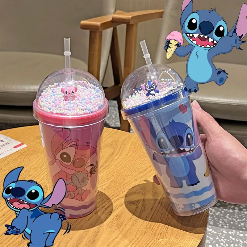 

Stitch Disney Plastic Water Bottle Cup 450ML Anime Stich Drink Straw Mugs with Lid Tumbler Coffe Double-layer Couple Girl Gift