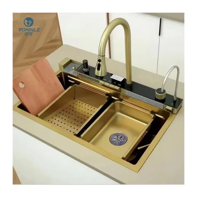 

Luxury Gold Multifunctional Kitchen Sink Stainless Steel Kitchen Handmade Sink