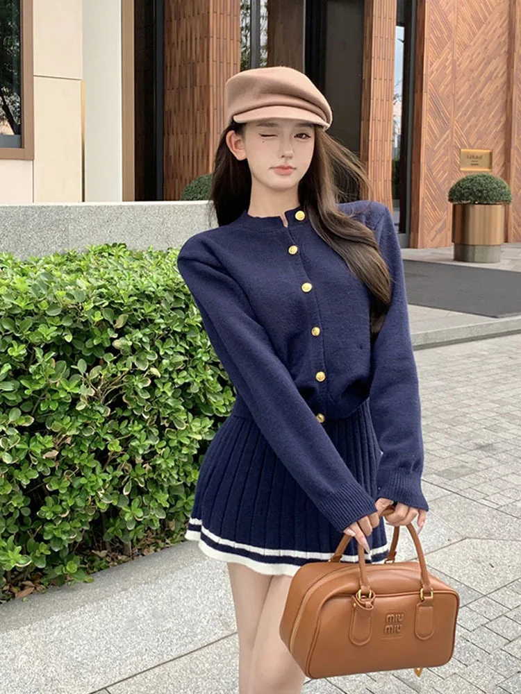 Autumn Winter Women Korean 2000s Vintage Preppy Old Money Outfits 2 Piece Set Long Sleeve Cardigan Sweater + Mini Pleated Skirts