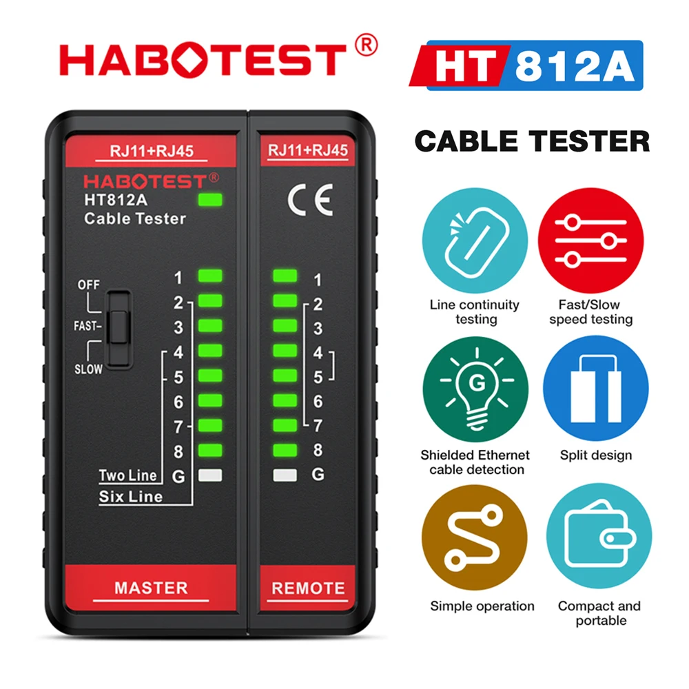 HABOTEST HT812A Cable Tester Network Telephone Cable 8P 6P 4P 2P & Shielded Line Continuity Ethernet Cable Tester RJ11 RJ45 Port