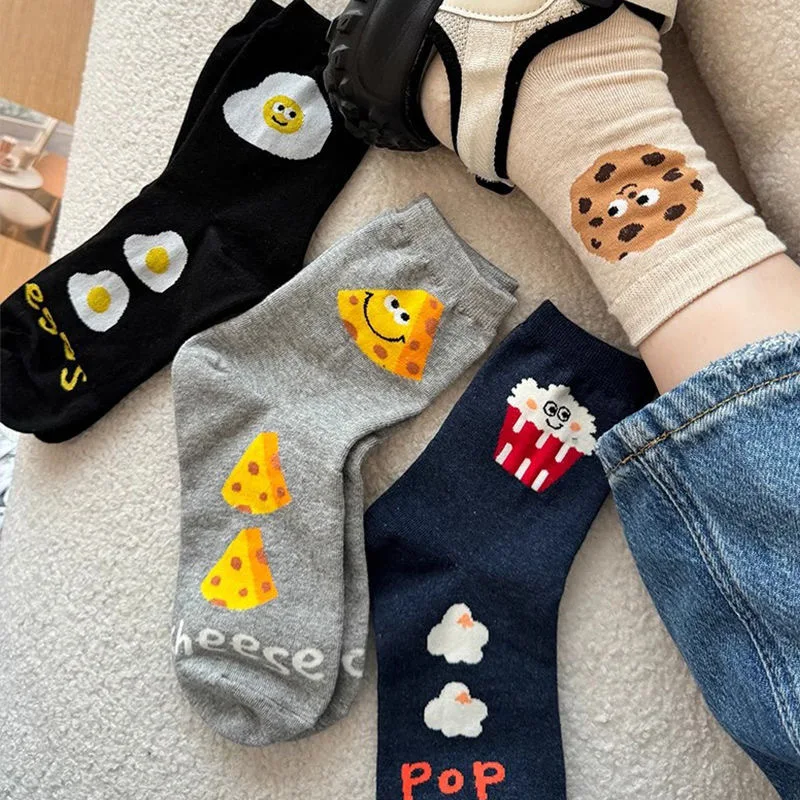 Cookie Cheese Socks Girls Mid-Barrel Graffiti Ins Girl Soft Girl Mid-Tube Socks Student Socks Cute Cartoon Women'S Socks Pile So