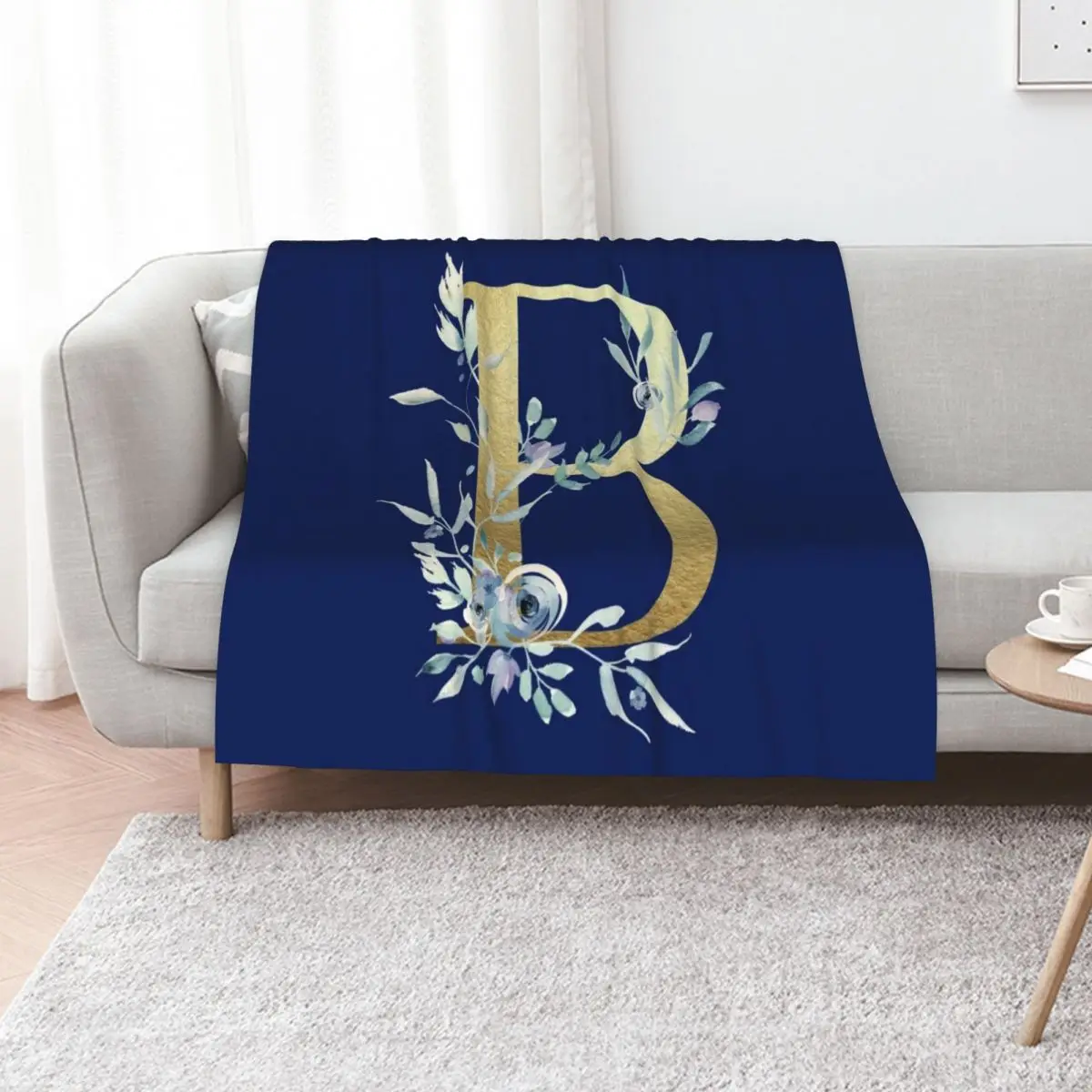 B - Gold Monogram Letter with Watercolor Flowers Throw Blanket Bed Hairy Luxury Throw sofa bed Blankets