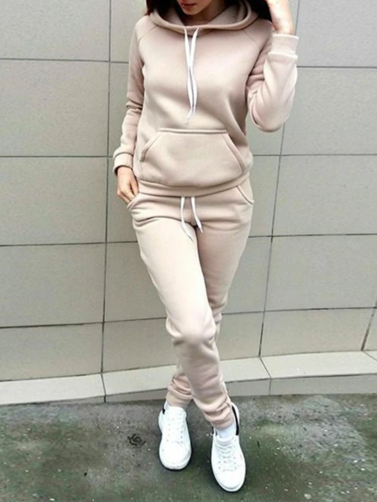 Autumn Winter Women's Hoodie Fleece Sports Suit Loose Casual and Fashionable Fresh Sweet Activewear Tops Pants Female Clothing