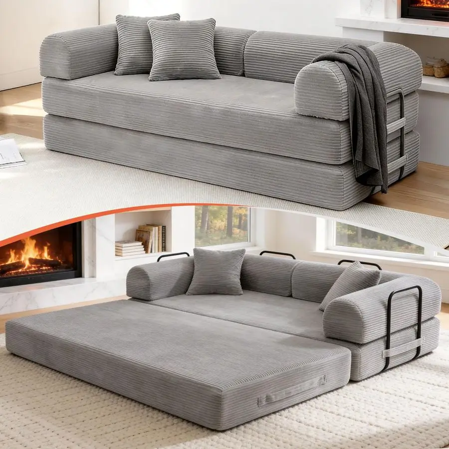 

79 Corduroy Sofa Bed,Boneless Couch in a Box with 2 Pillows,HighDensity Foam 4in1 Foldable Sleeper Futon Loveseat for Small Sofa