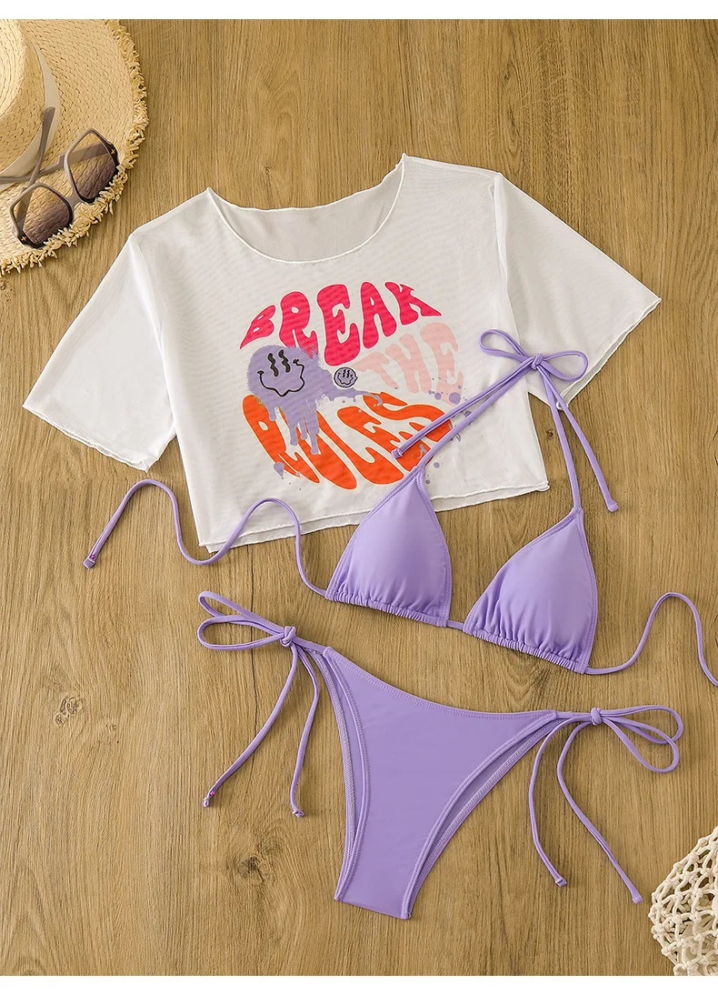 Sexy Dreieck Push Up Bikini 3-teiliger Badeanzug mit kurzen Ärmeln Mesh Cover Up Sommer Side String Badeanzüge Mesh Beach Wear