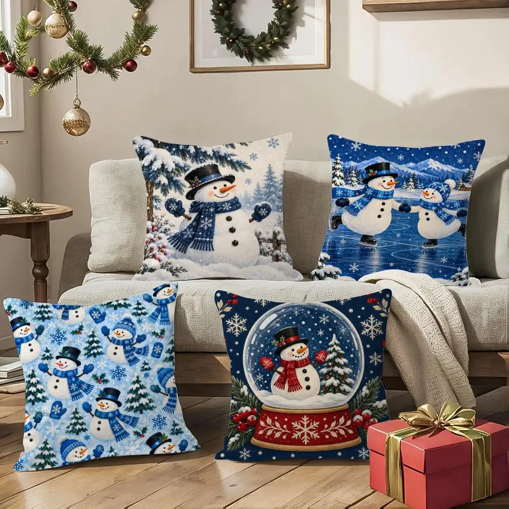 Winter Snowman Wall Art Cushion Cover 1/4Pcs Soft Plush Throw Pillow Cover Double-Sided Print Sofa Living Room Decor