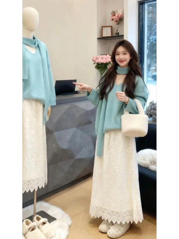 

Комплект из двух предметов с кружевной отделкой свободного кроя для женщин: новый весенний нежный однотонный топ и юбка с высокой талией