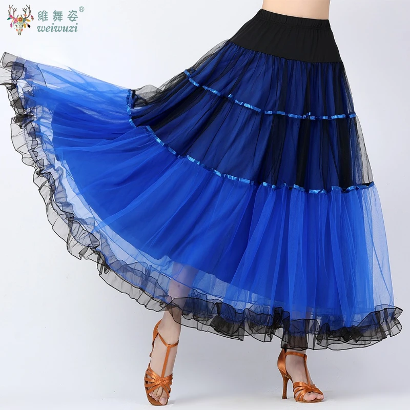 ผู้หญิง Flamenco โมเดิร์นห้องบอลรูมเต้นรํา Big Swing กระโปรงสังคมเต้นรําครึ่งกระโปรงประสิทธิภาพสแควร์ตาข่ายครึ่งฝึกชุดยาว