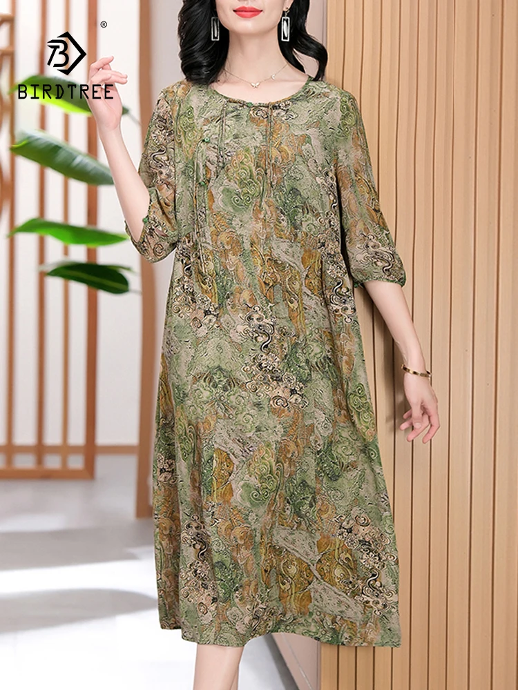 

BirdTree, 100%Real Silk Elegant Dresses, Women Half Sleeve O Neck Printed, Loose Temperament Mom Dress, 2024 Summer D45899QC