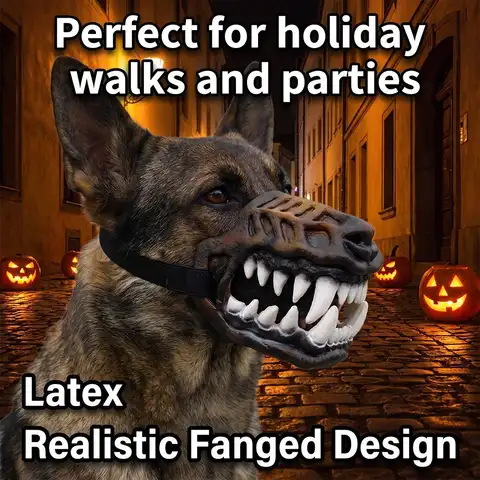 Masque de loup-garou pour chien d'Halloween, crocs réalistes, en latex, muselière pour animal de compagnie, respirante, sangle réglable, accessoire de costume d'horreur pour fête.