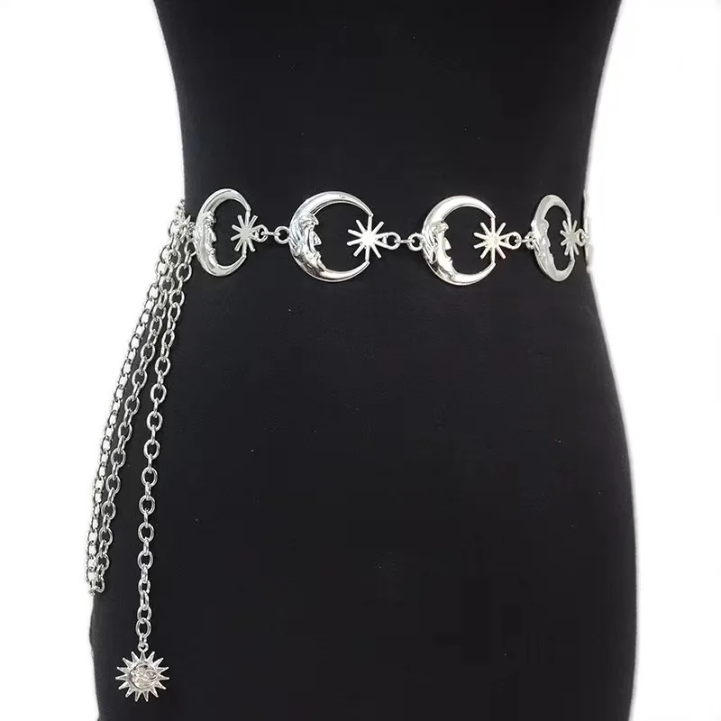 Women Vintage Gothic Waist Chain Moon Star Metal Chain Belt 
