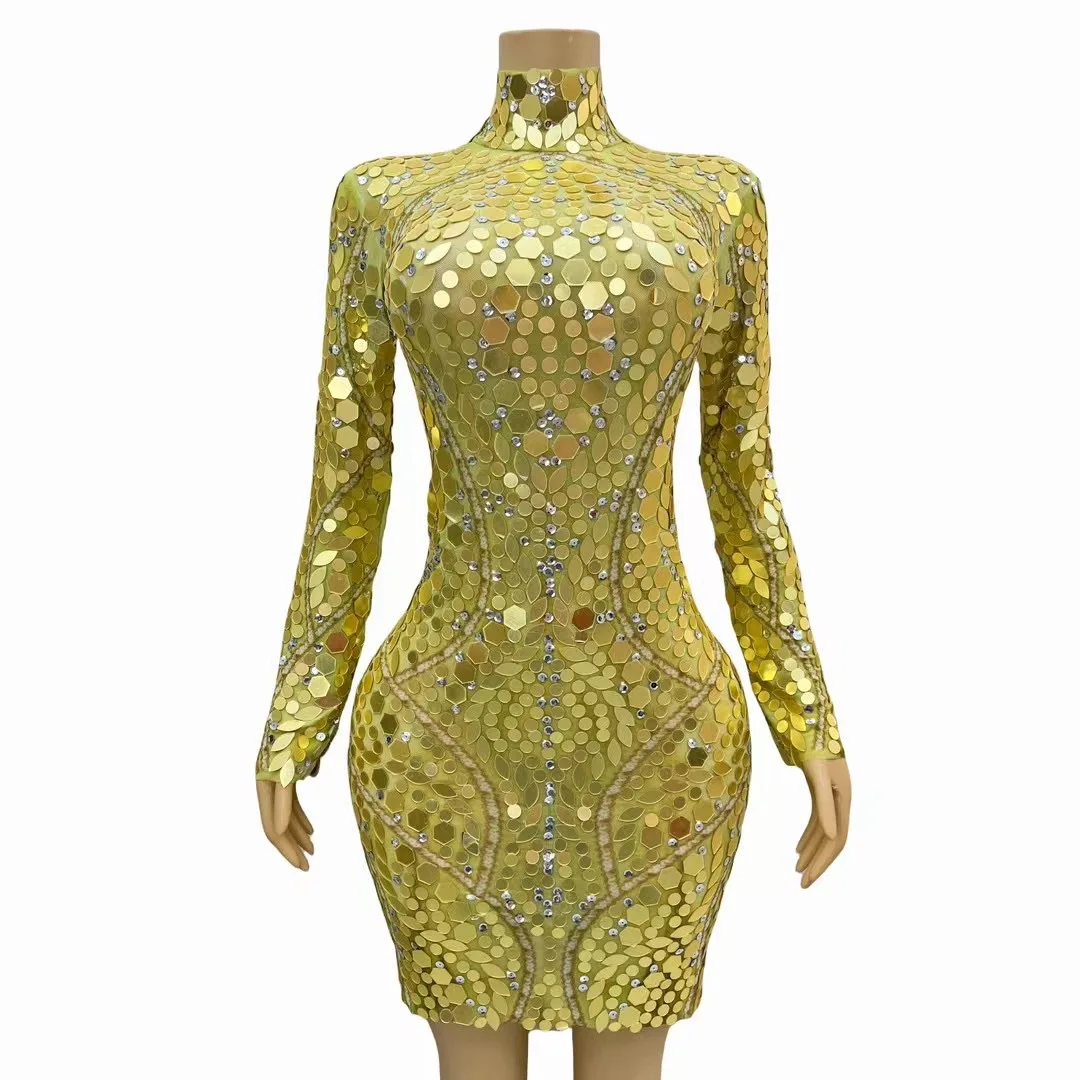 

Sexy Sheath Mini Dress Flashing Luxury Rhinestones Sequin Celebrate Birthday Evening Party Dresses Club Singer Stage Costume