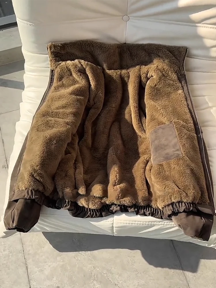 

Caramel Dyed Lamb Velvet Jaet Men's Winter American Sle Fce Lined Flight Leather Jaet Stand Collar PU Leather Motorc...