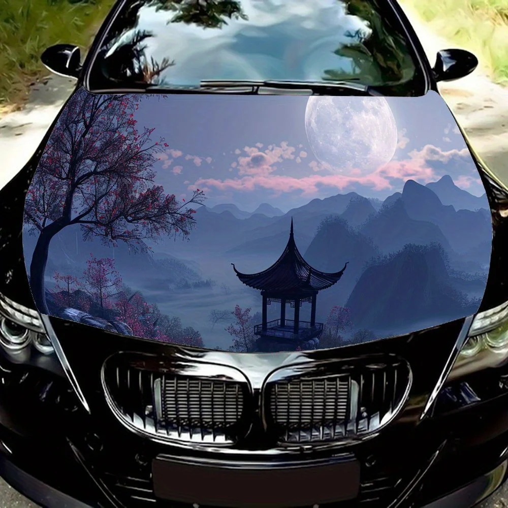 Beautiful Mountain Mist Moon Plum Blossom Pagoda Car Hood Vinyl Wraps Sticker, Car Engine Decal, Waterproof Self-adhesive Car Pa