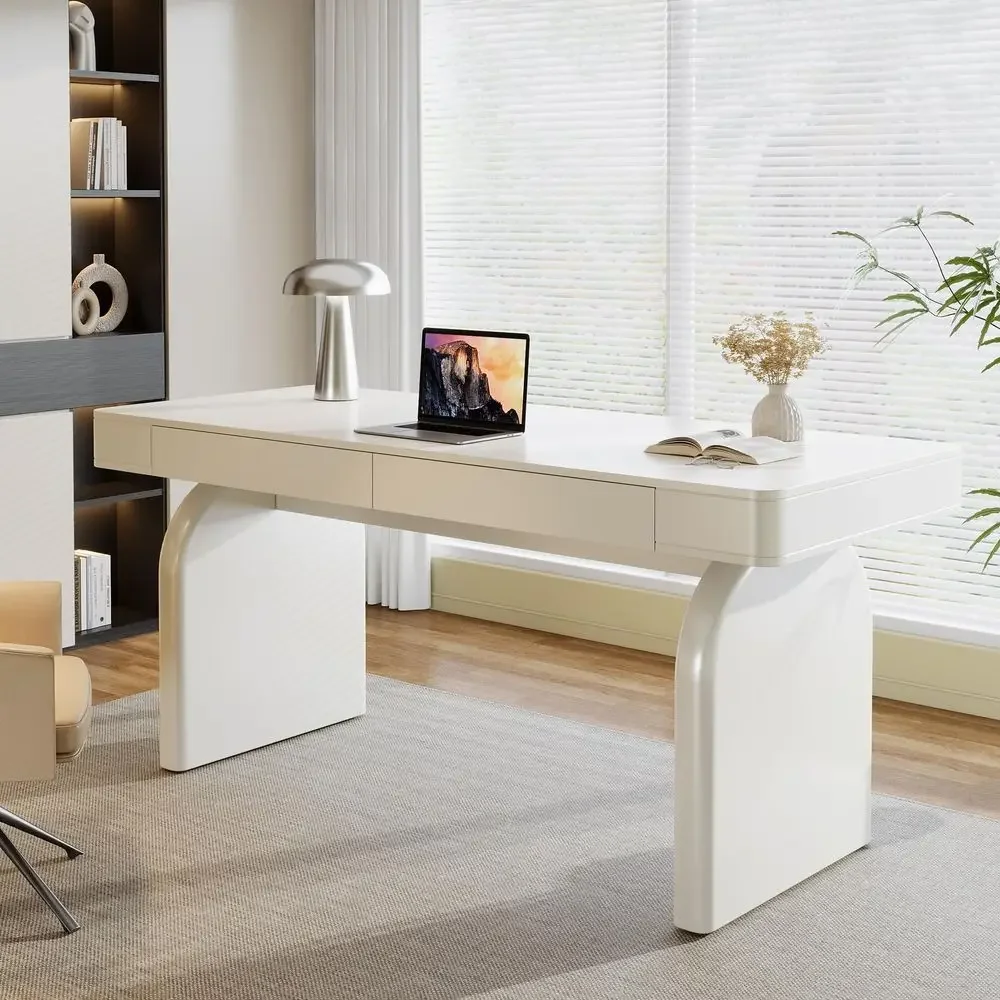

63 Inch Modern White Desk with Drawers Executive Office Desk Glossy Elegant Work Study Writing Table for Home Office Cream White