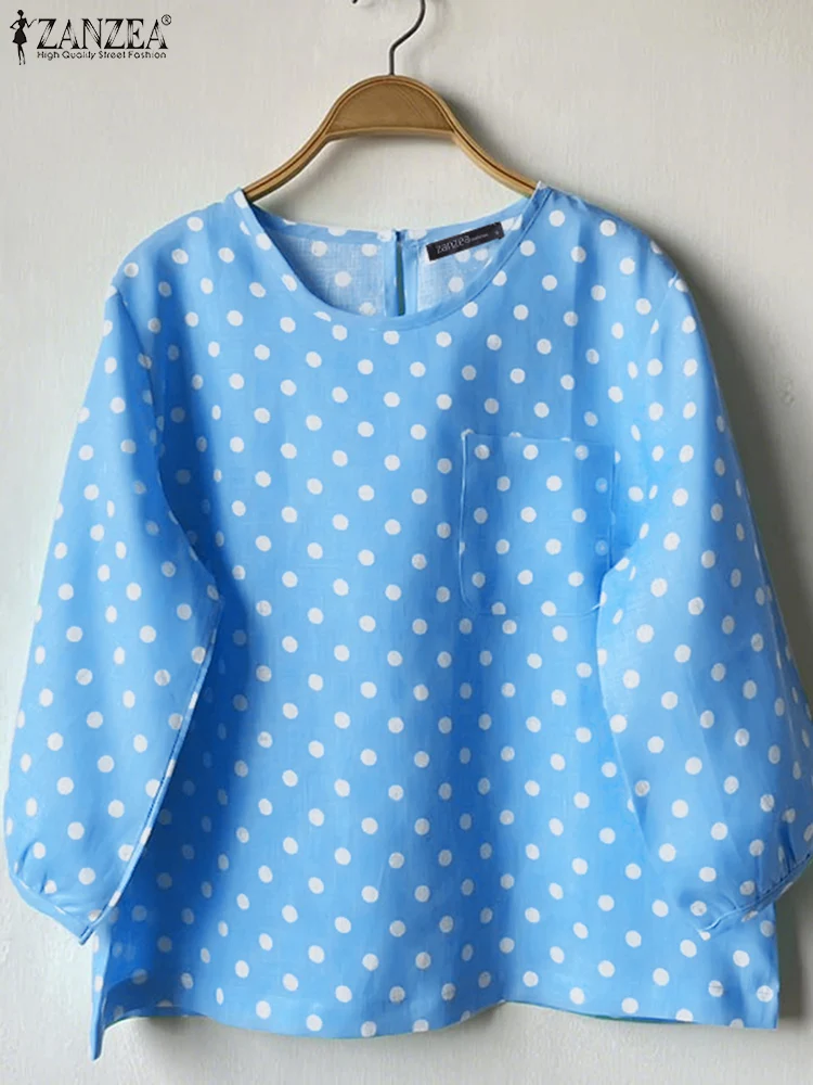 ZANZEA Women Polka Dot Blouse O Neck 3/4 Sleeve Summer Tops 2025 Fashion Pockets Elegant Tunic Oversized Casual Loose Pullovers