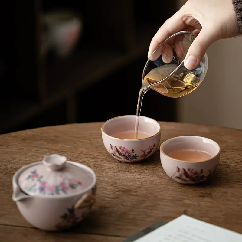 Pink Ru Flower Cat 1Pot 2Cups Travel Tea Set Open Ceramic Hand Grab Pot Teacup Outdoor Camping Portable Tea Breaker Tea Services