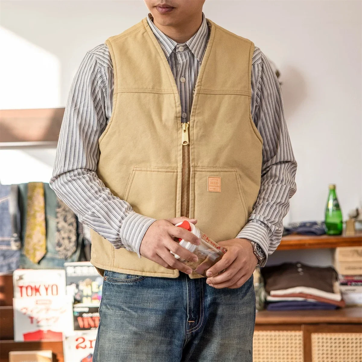 

Red Tornado Washed Duck Sherpa Lined Work Vest Vintage Fashion Relaxed Fit Zip Waistcoat