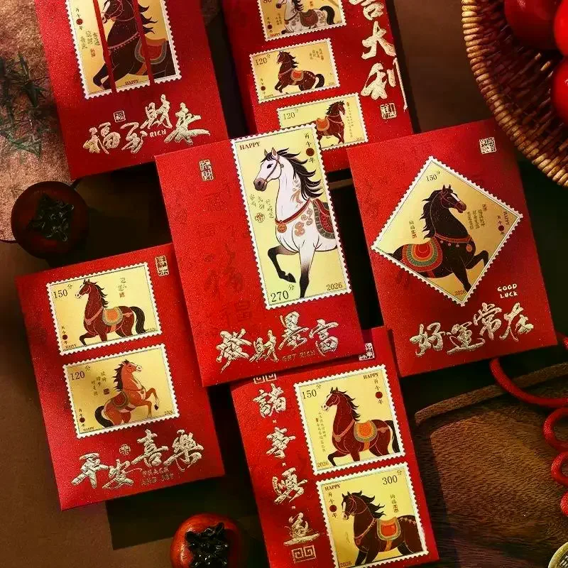 

6Pcs 2026 Horse Year Cartoon Creative Red Envelopes Cute Pony Pattern Lucky Money Bag New Year Blessing Red Packet