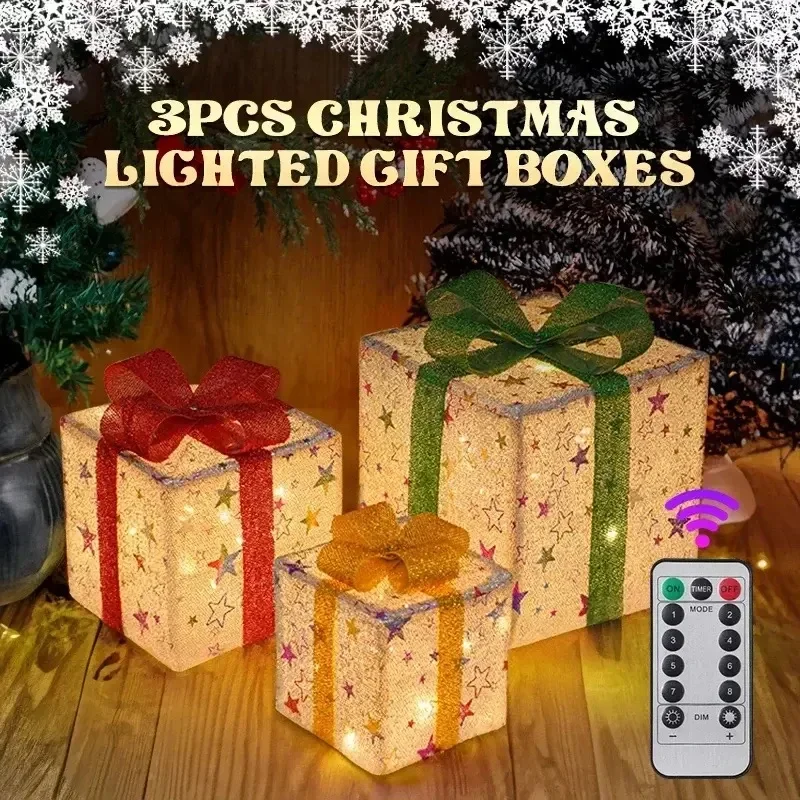 Luminous Bow Holiday Gift Box, Light Up, Christmas Tree, Party, Indoor and Outdoor Decor, 3Pcs