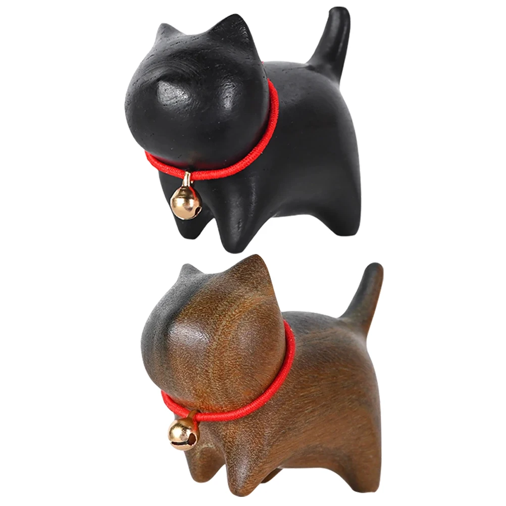 

2Pcs Wood Carved Cat Statue Miniature Decorative Sculpture for Desk Table Pen Holder Home Office Bonsai Decor Cat Figure