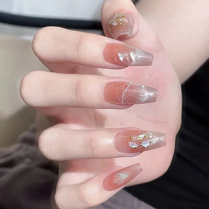 24 stücke lange Katzenauge Rouge drücken auf Nägel zum Kleben koreanischer Stil geklebte falsche Nägel Acryl Stick-On Nägel Set Finger Nail Art