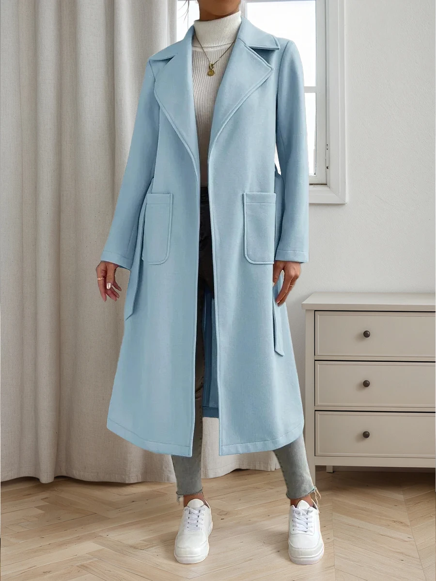 Women's Fashion Long Sleeve Autumn Winter Long Coat Windbreaker Waist-Cinched Slim Fit Ladies Outerwear