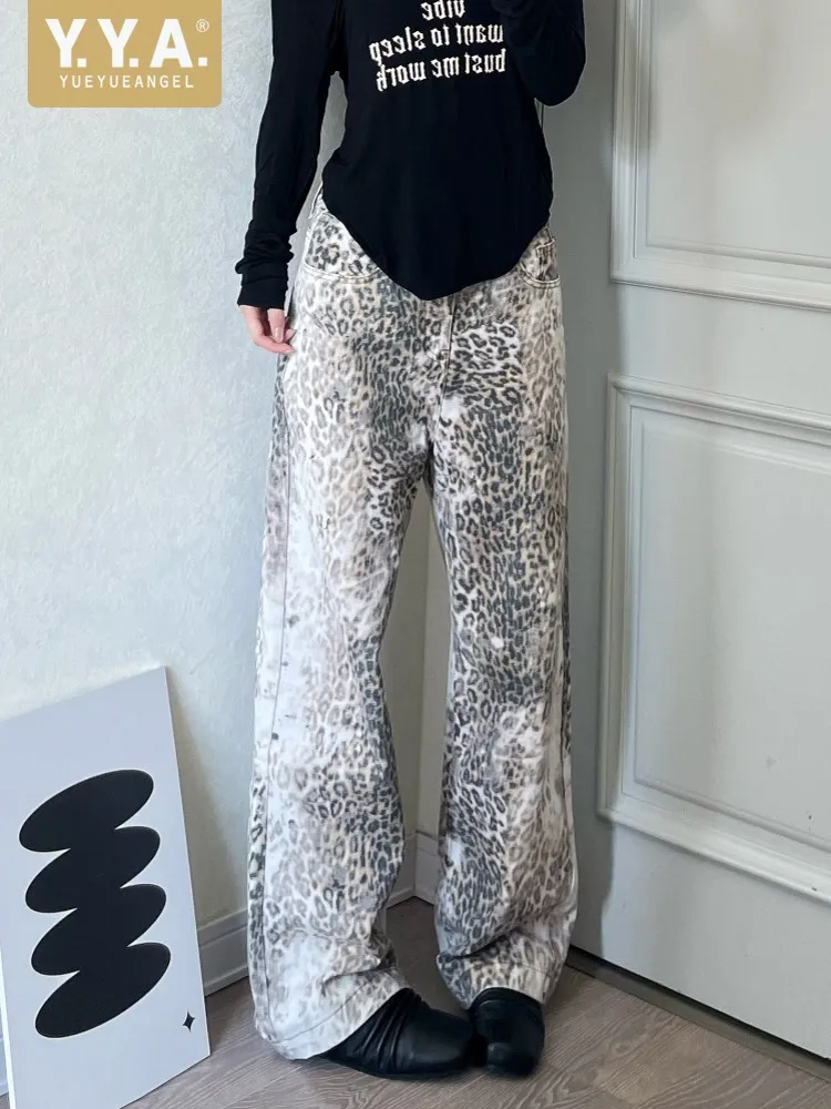 Office Ladies Vintage Leopard Print Denim High Waist Pants High Waist Designer Streetwear Elegant Women Loose Fit Wide Leg Jeans