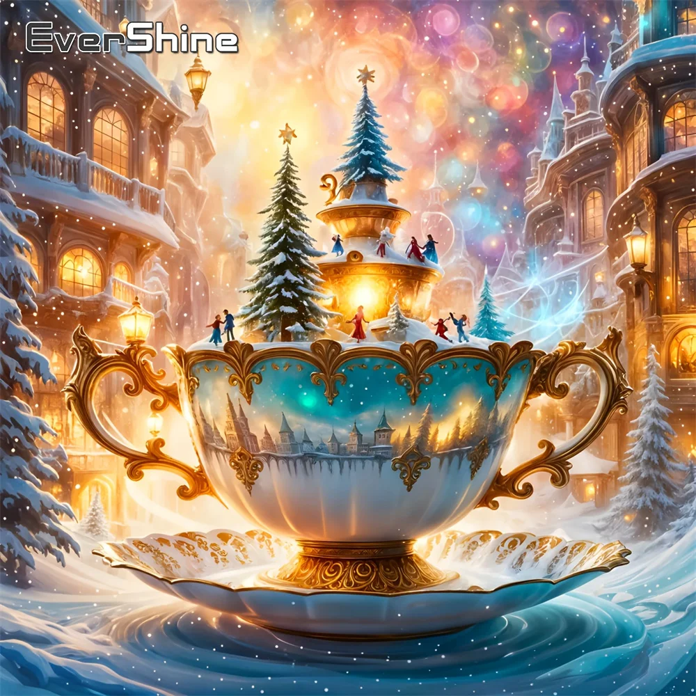 Evershine Diamant-Malerei, Tasse, Landschaft, Mosaikhaus, geeignet für Anfänger, DIY-Stickerei, Winter-Bastelset, Weihnachtsgeschenke