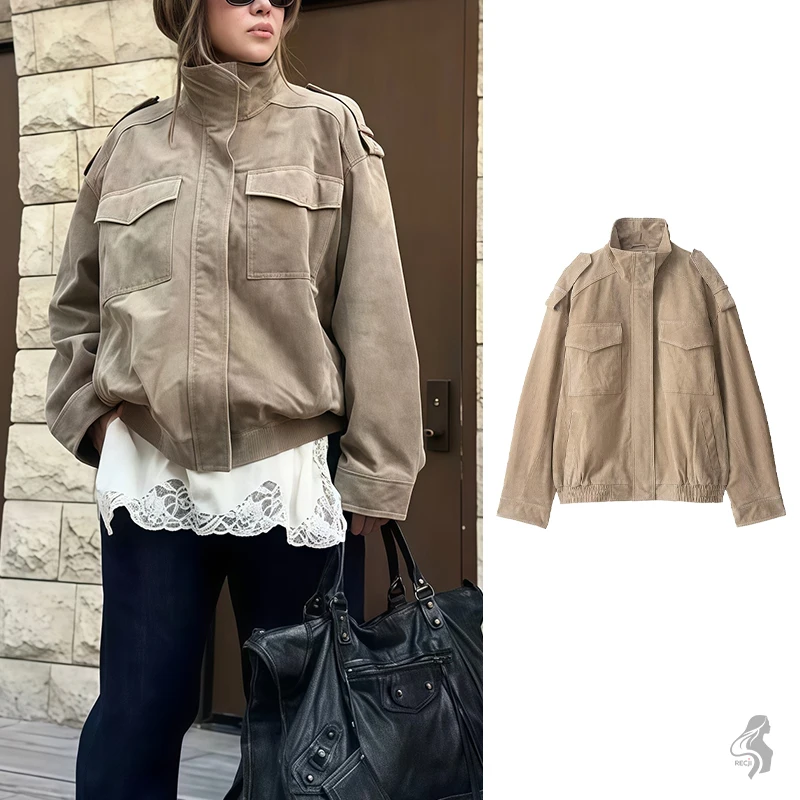 

Niche Design Suede Work Jacket Stand Up Collar Loose Fit Jacket Street Style Fashionable Versatile Autumn And Winter Womens Wear