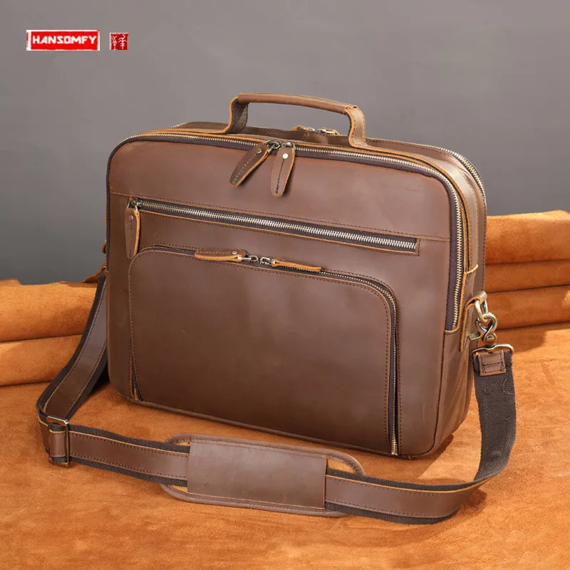 

New Retro Crazy Horse Leather Men's Bags Men's Briefcase Genuine Leather Messenger Bag Large Capacity 15.6-Inch Laptop Bag