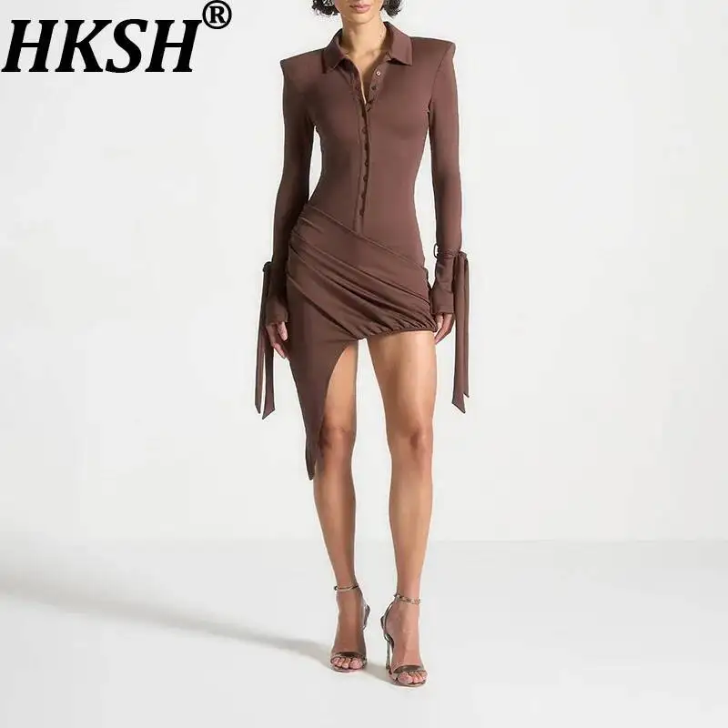 

Женское модное платье HKSH с асимметричным подолом, отложным воротником, длинными рукавами, однотонное, приталенное, элегантное короткое платье HK22888