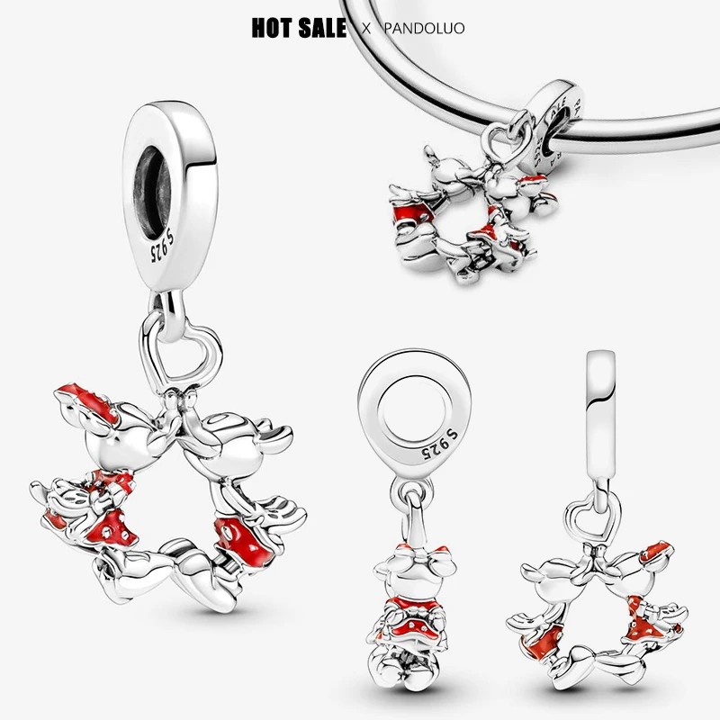 Disney Mickey Mouse & Minnie Mouse Kissing Dangle Charm Beads Fits Pandora Bracelet Women 925 Silver Pendant Bead Jewelry Gift