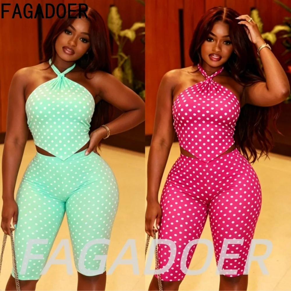 FAGADOER Fashion Polka Dot Ruched Shorts Two Piece Sets Women Mint Green Irregular Bandage Halter Top and Bodycon Shorts Outfits