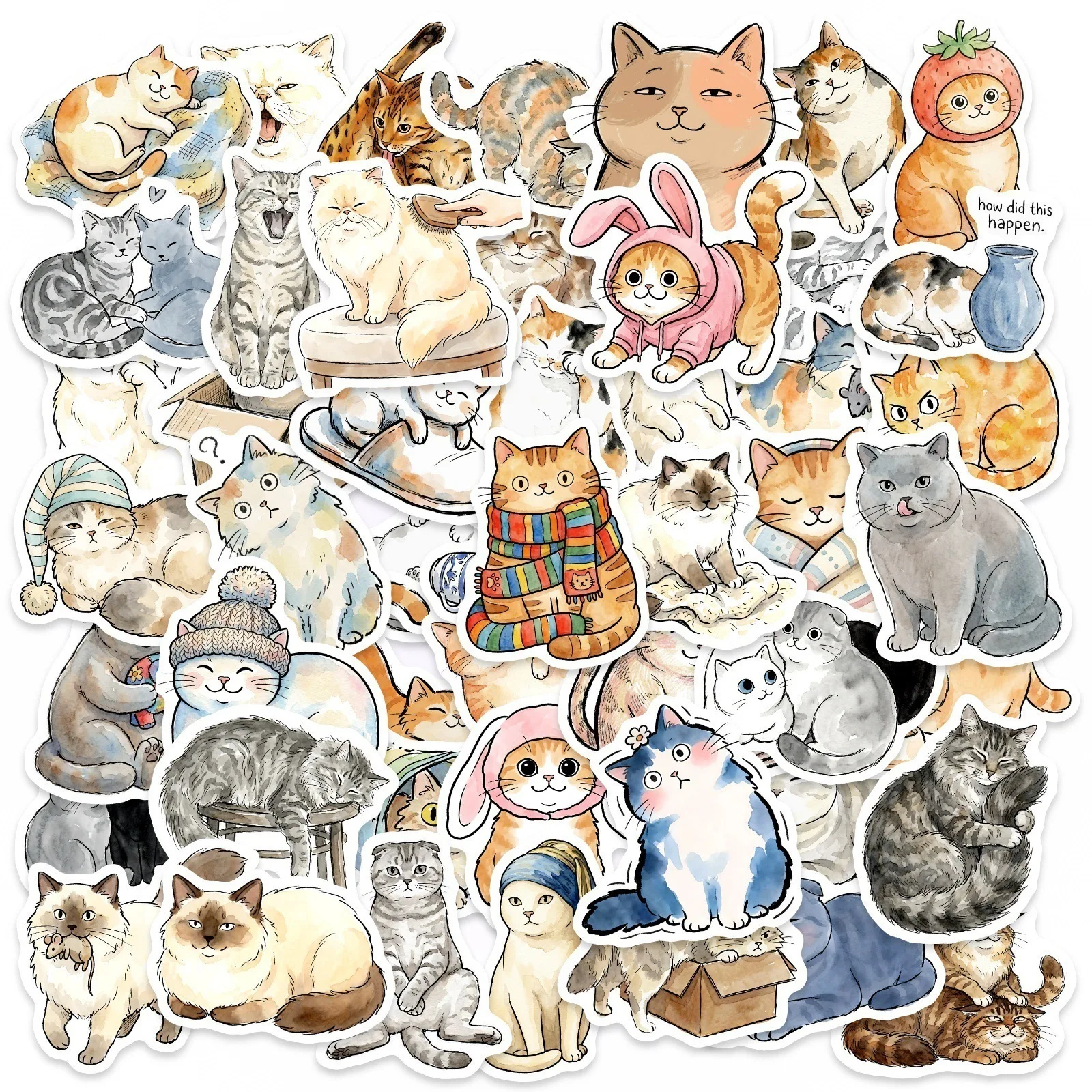50pcs Cute Cats Animal Cartoon Stickers Graffiti Sticker Decorate Phone Back Card Trunk Water Cup Cute Cats Waterproof Stickers