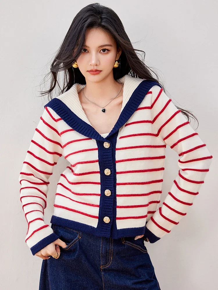 

Новинка 2025 года, однобортный вязаный кардиган с матросским воротником, полосатый свитер с лацканами, осеннее модное повседневное пальто, женская одежда
