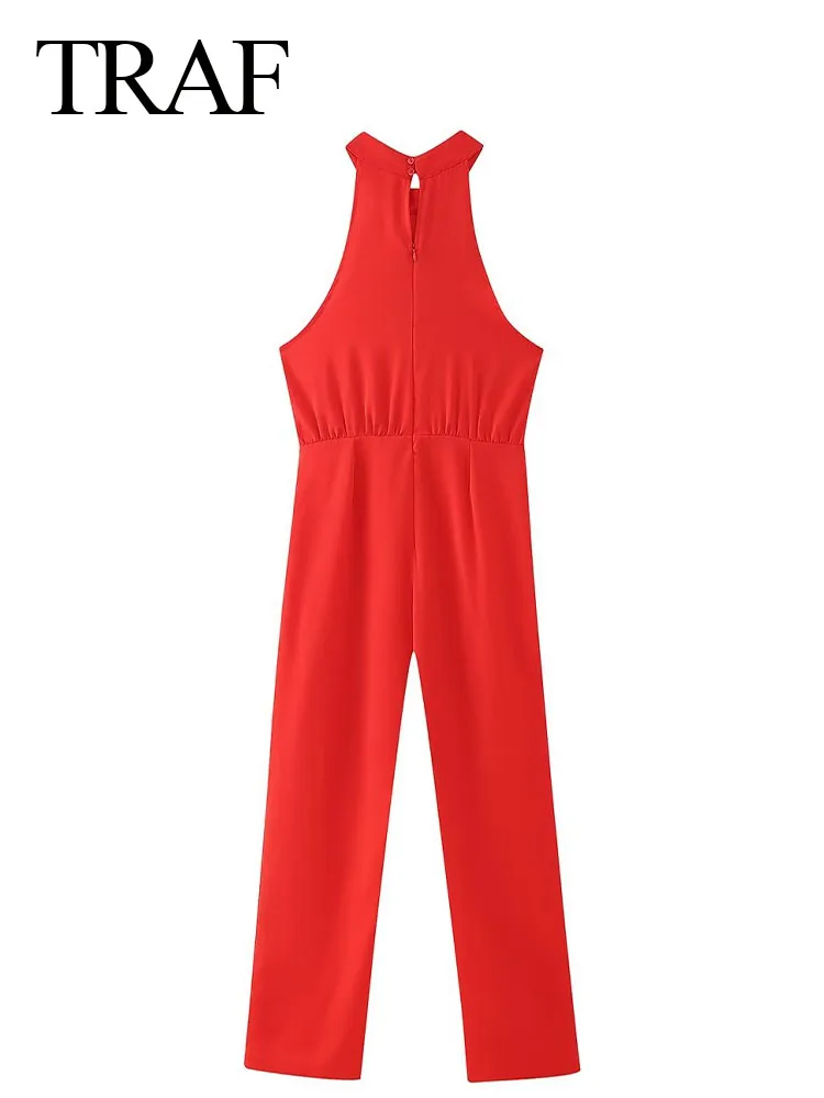 TRAF Women New Fashion Casual Red High Waist Wide Leg Jumpsuit  Elegant Hanging Neck Sleeveless Slim Holiday Playsuit Mujer