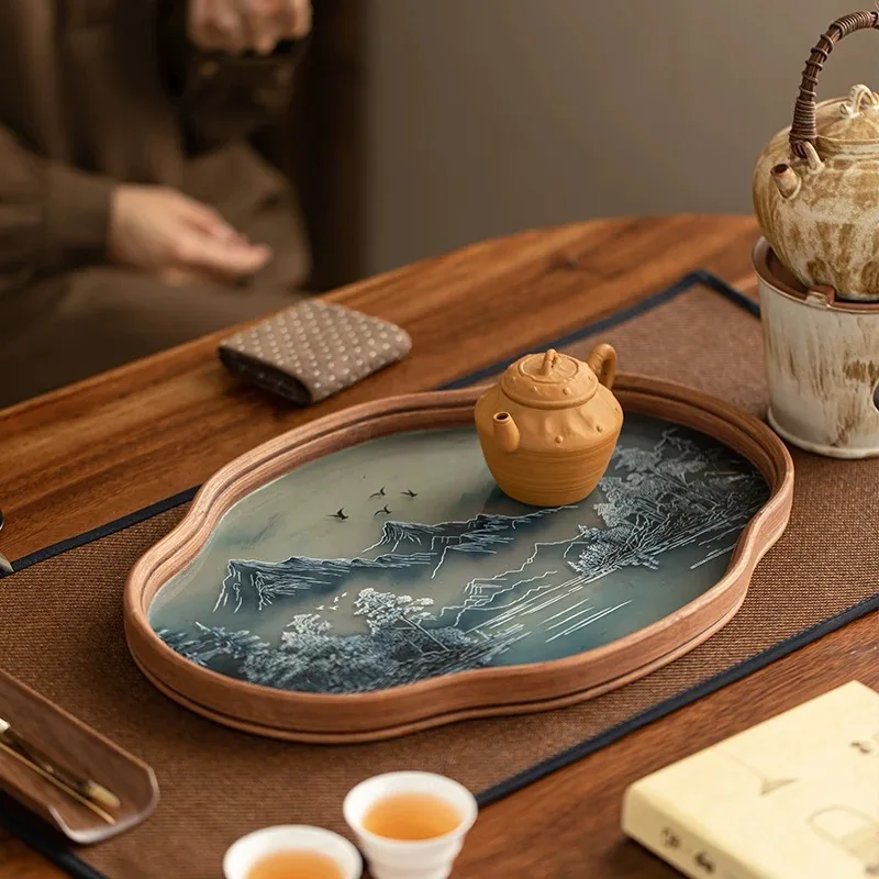 Simple Bamboo Wood Glass Tray Dry Brew Tea Tray Household Chinese Retro Ink Wind Begonias Flower Pot Bearer Gongfu Tea Tray