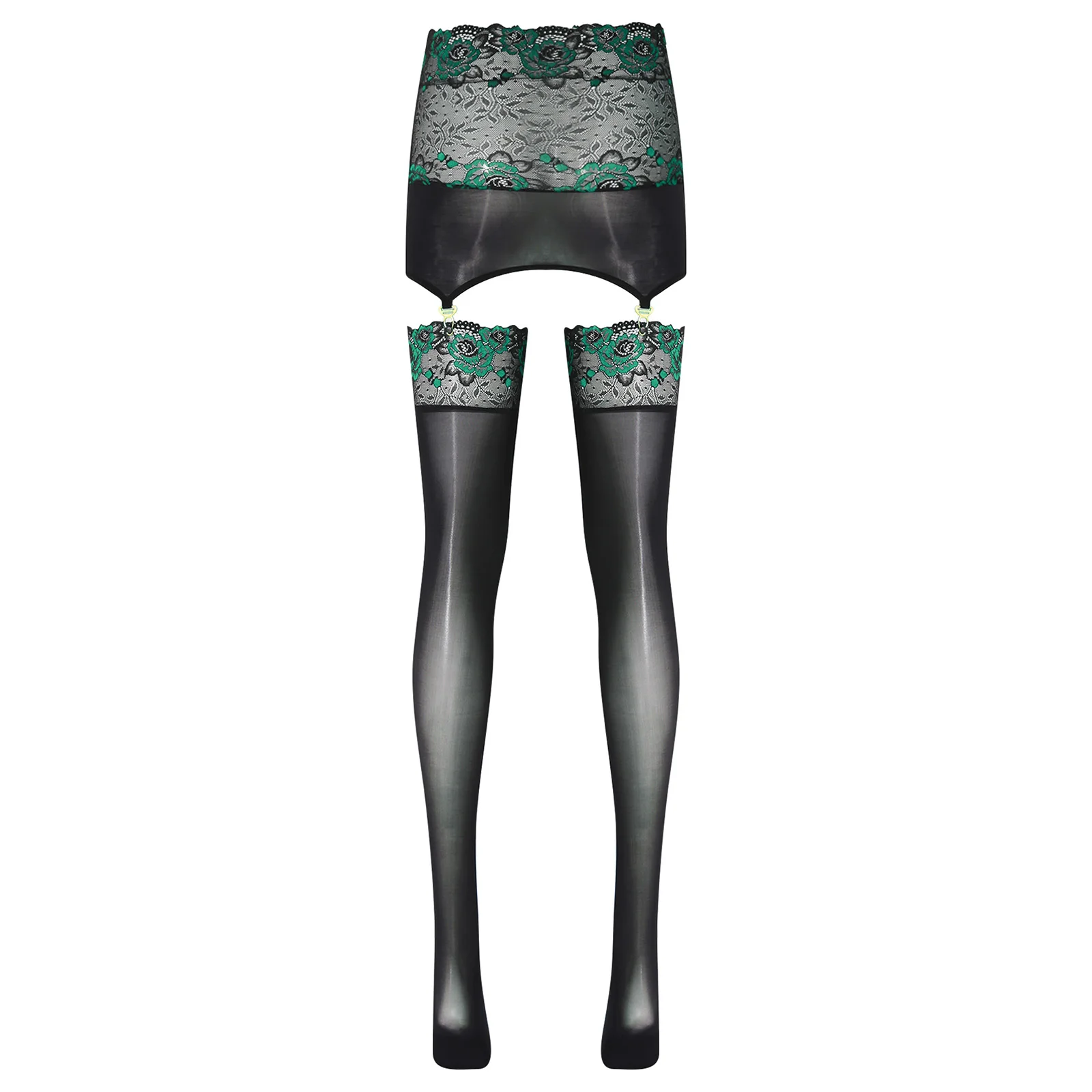 Womens Glossy Bodycon Skirt with Garters Suspender Stockings Floral Lace Trim High Waist Miniskirt Hollow Out Tights Pantyhose