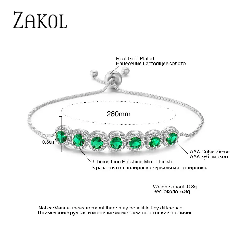 ZAKOL Fashion Pink Round Adjustable Bracelets for Women Green Crystal Cubic Zirconia Bracelet Wedding Party Jewelry BP2062