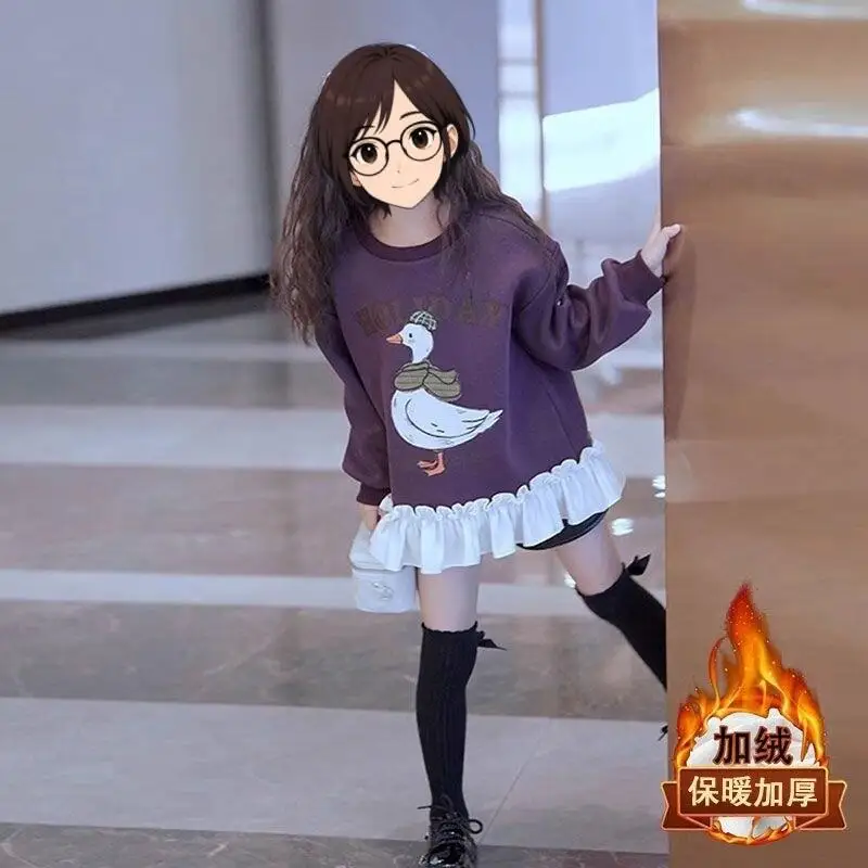 

Kawaii осенне-зимняя толстовка с капюшоном для девочек, утепленное трендовое пальто, топы, сохраняющие тепло, модная новинка S, студенческая повседневная детская одежда с героями мультфильмов