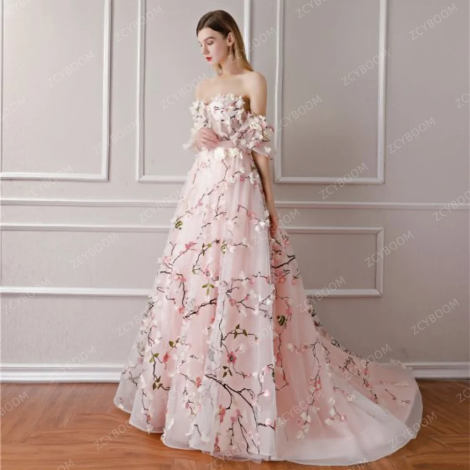 2023 Off Shoulder Pink 3D Embroidered Flowers Evening Dress Elegant A-Line Tulle Appliques Sleeveless Party Prom Gowns For Women